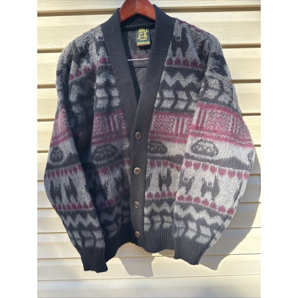 Vintage Tejidos Ruminahui Sweater Mens Large Wool Llama Cardigan Knit Ecuador